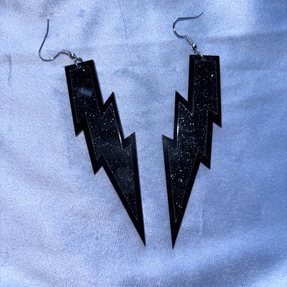 Black Glitter Lightning Bolt Dangle Earrings